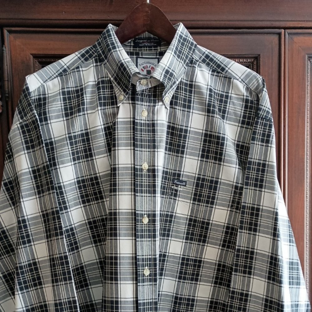 Faconnable Men's Black-White Plaid Button-Down Shirt XL